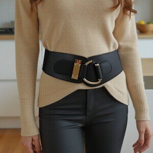 Women Gold Metal Hook Buckle Black Belt Wide Elastic Band Hip Waist Size L XL